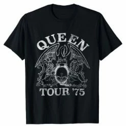 Famous Rock Shop Queen Tour 75 Crest Unisex T-Shirt Black Wash