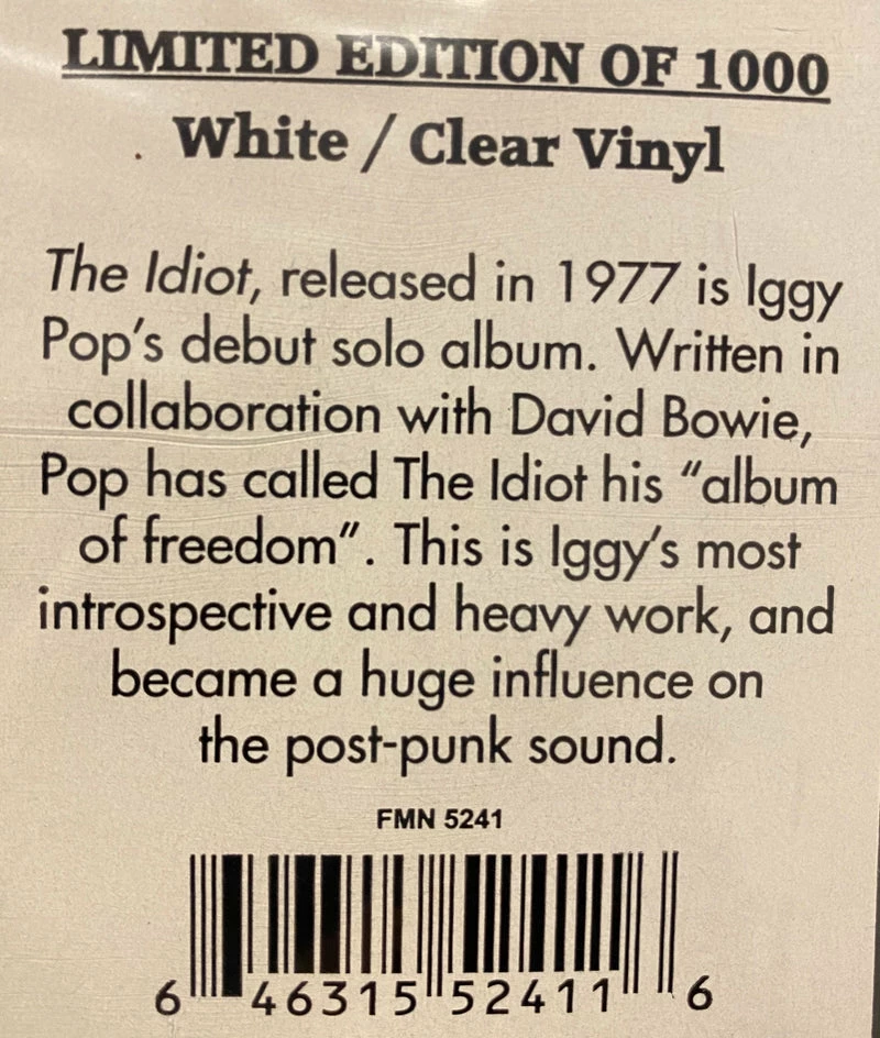 Famous Rock Shop/Vinyl Records Iggy Pop The Idiot Limited Edition White Clear Vinyl 5 Famous Rock Shop/Vinyl Records Iggy Pop The Idiot Limited Edition White Clear Vinyl - Image 3